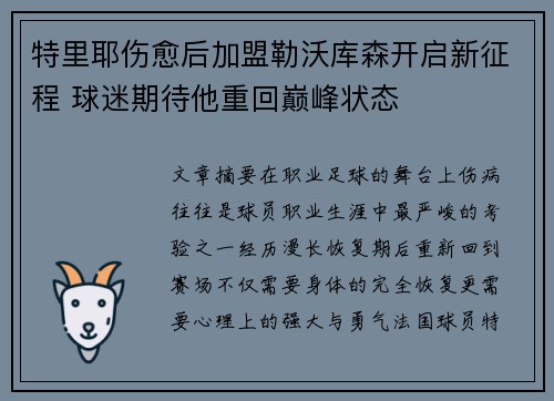 特里耶伤愈后加盟勒沃库森开启新征程 球迷期待他重回巅峰状态